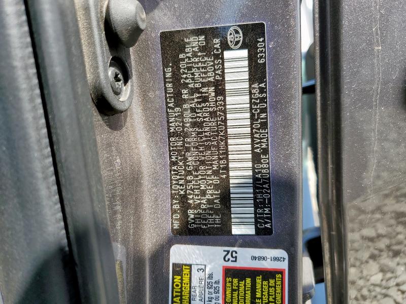 4T1B11HK7KU757339 - 2019 TOYOTA CAMRY L GRAY photo 13