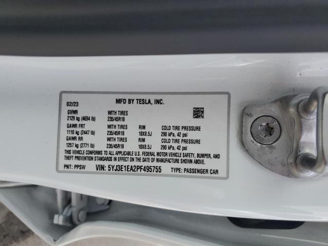 5YJ3E1EA2PF495755 - 2023 TESLA MODEL 3 თეთრი ფოტო 12