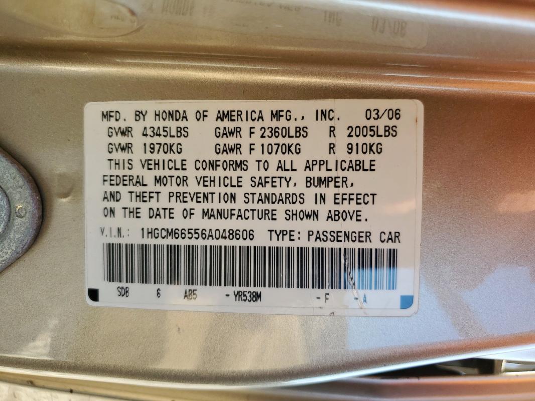 1HGCM66556A048606 - 2006 HONDA ACCORD EX 棕色 照片 12