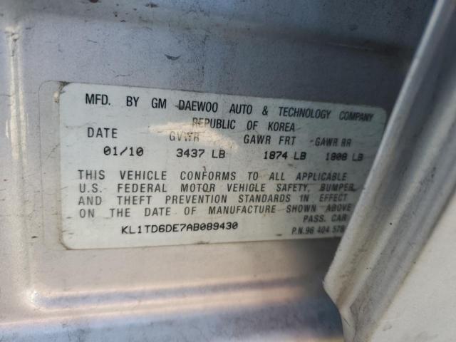 KL1TD6DE7AB089430 - 2010 CHEVROLET AVEO LS Gümüş foto 12