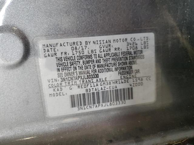 3N1CN7APXJL803330 - 2018 NISSAN VERSA S Gri fotoğraf 12