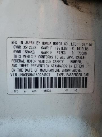 JHMGE8H41AC024974 - 2010 HONDA FIT SPORT WHITE photo 13