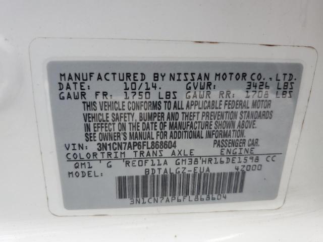 3N1CN7AP6FL868604 - 2015 NISSAN VERSA s S WHITE photo 13