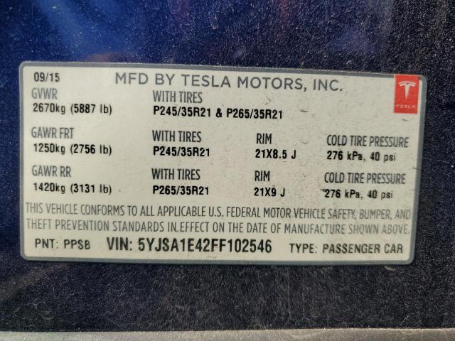 5YJSA1E42FF102546 - 2015 TESLA MODEL S ლურჯი ფოტო 12