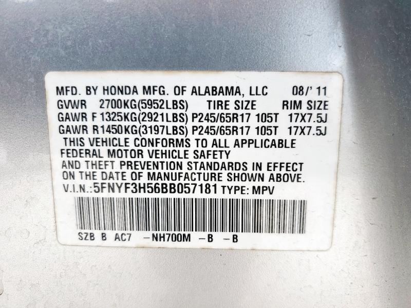 5FNYF3H56BB057181 - 2011 HONDA PILOT EXL ვერცხლისფერი ფოტო 13