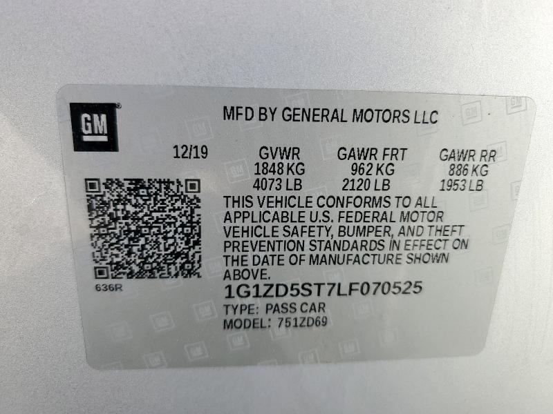 1G1ZD5ST7LF070525 - 2020 CHEVROLET MALIBU LT SILVER photo 12