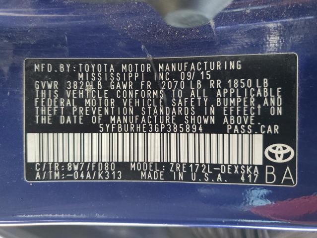 5YFBURHE3GP385894 - 2016 TOYOTA COROLLA L BLUE photo 13