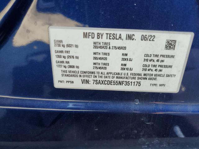 7SAXCDE55NF351175 - 2022 TESLA MODEL X BLUE photo 14