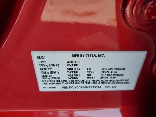 5YJYGDEE6MF215514 - 2021 TESLA MODEL Y Qırmızı foto 12