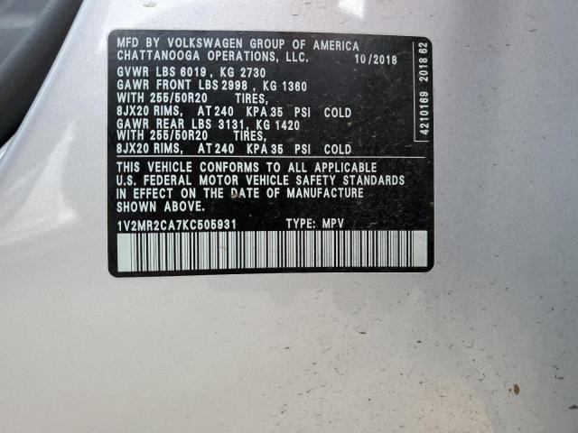 1V2MR2CA7KC505931 - 2019 VOLKSWAGEN ATLAS SEL SILVER photo 12