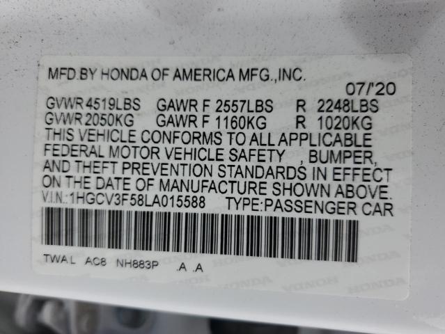 1HGCV3F58LA015588 - 2020 HONDA ACCORD HYBRID EXL WHITE photo 12