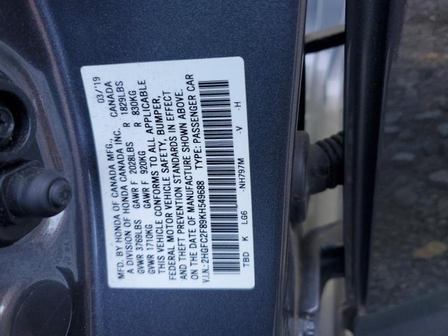 2HGFC2F89KH549688 - 2019 HONDA CIVIC SPORT Gris photo 12