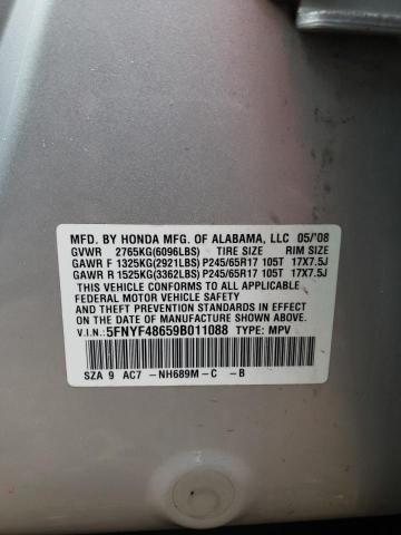 5FNYF48659B011088 - 2009 HONDA PILOT EXL SILVER photo 13