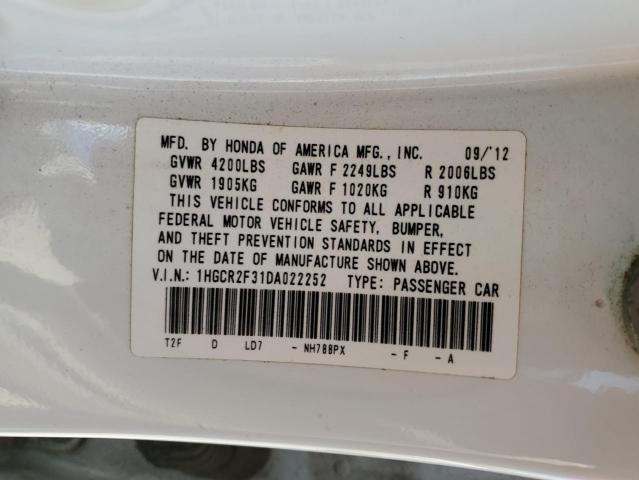 1HGCR2F31DA022252 - 2013 HONDA ACCORD LX 白色 照片 12