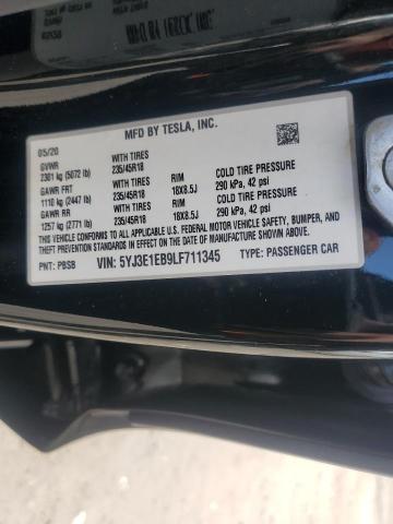 5YJ3E1EB9LF711345 - 2020 TESLA MODEL 3 BLACK photo 12