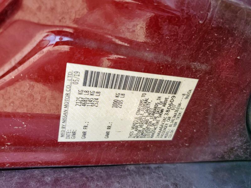 1N4AA6AV2KC380609 - 2019 NISSAN MAXIMA S Bordeaux photo 12