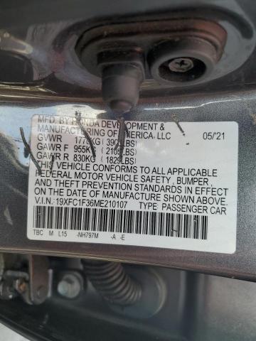 19XFC1F36ME210107 - 2021 HONDA CIVIC EX GRAY photo 13