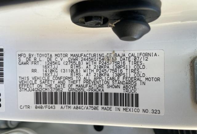3TMJU4GN2CM137962 - 2012 TOYOTA TACOMA DOUBLE CAB PRERUNNER WHITE photo 10