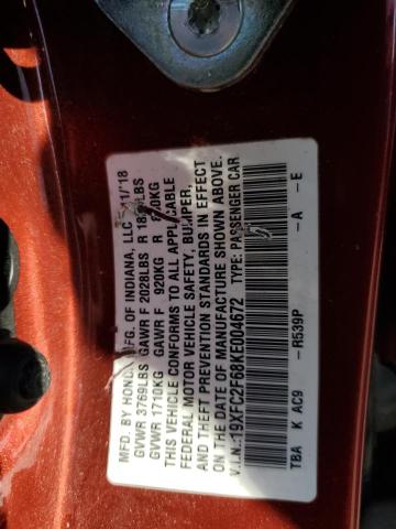 19XFC2F68KE004672 - 2019 HONDA CIVIC LX RED photo 12
