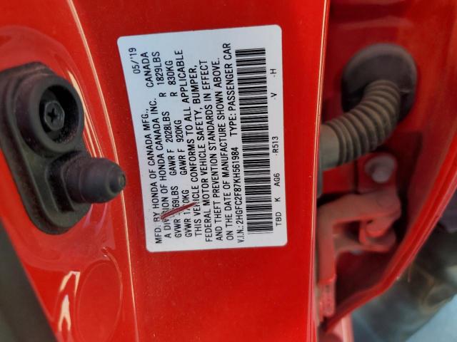 2HGFC2F87KH561984 - 2019 HONDA CIVIC SPORT წითელი ფოტო 12