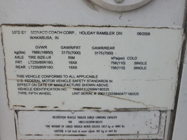 1KB311U2X9W180325 - 2009 HOLIDAY RAMBLER PRESIDENTIAL SUITE WHITE photo 10