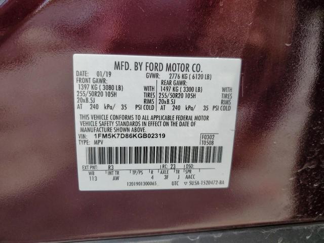 1FM5K7D86KGB02319 - 2019 FORD EXPLORER XLT BURGUNDY photo 13