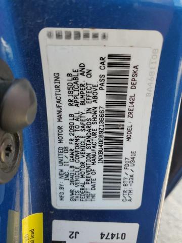 1NXBU40E89Z136667 - 2009 TOYOTA COROLLA BASE BLUE photo 12