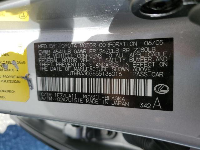 JTHBA30G655136016 - 2005 LEXUS ES 330 SILVER photo 12