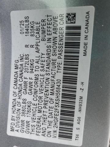 2HGFE2F5XSH568430 - 2025 HONDA CIVIC SPORT ვერცხლისფერი ფოტო 12