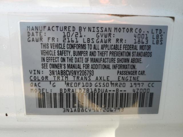 3N1AB8CV9NY206793 - 2022 NISSAN SENTRA SV WHITE photo 13