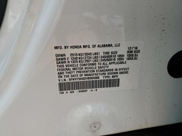 5FNYF5H82HB004086 - 2017 HONDA PILOT EXL 白色 照片 12