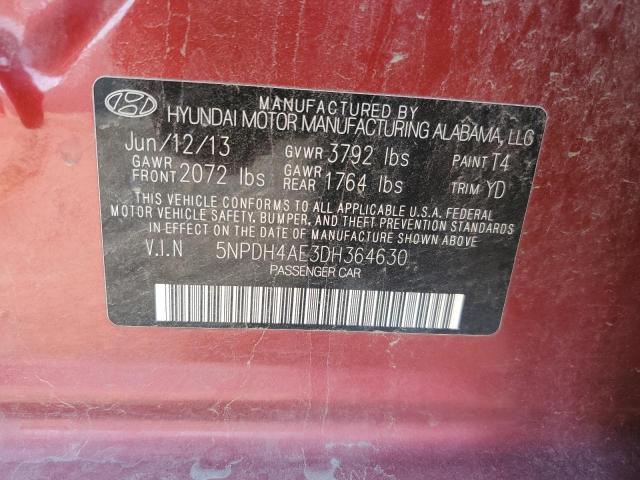 5NPDH4AE3DH364630 - 2013 HYUNDAI ELANTRA GLS RED photo 12