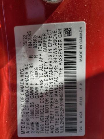 2HGFE2F51NH585539 - 2022 HONDA CIVIC SPORT წითელი ფოტო 12