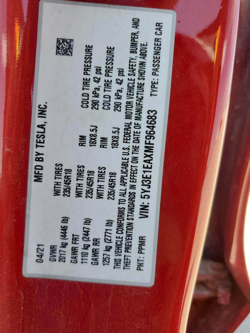 5YJ3E1EAXMF964683 - 2021 TESLA MODEL 3 RED photo 13