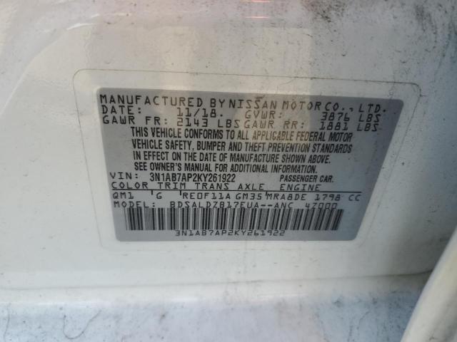 3N1AB7AP2KY261922 - 2019 NISSAN SENTRA S 白色 照片 12