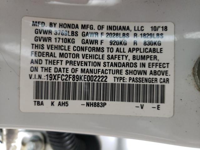 19XFC2F89KE002222 - 2019 HONDA CIVIC SPORT WHITE photo 12