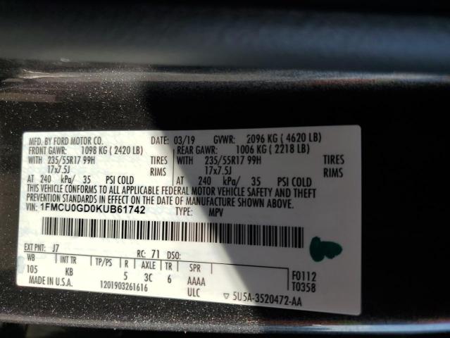 1FMCU0GD0KUB61742 - 2019 FORD ESCAPE SE Szary zdjęcie 13