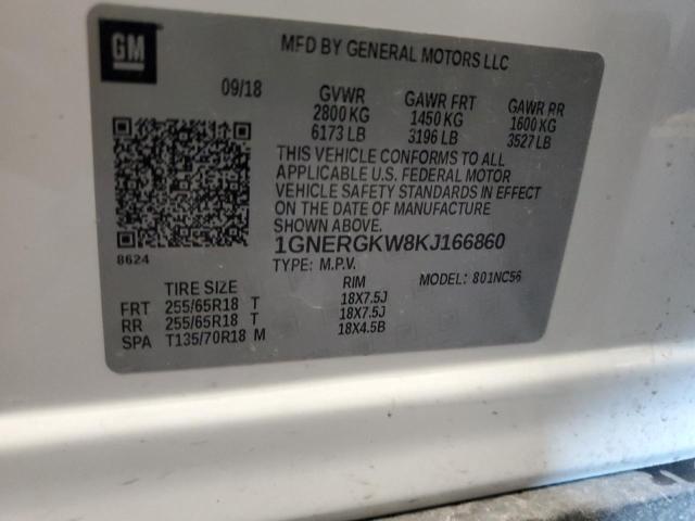 1GNERGKW8KJ166860 - 2019 CHEVROLET TRAVERSE LT 白色 照片 14