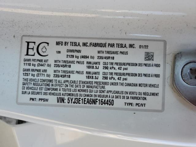 5YJ3E1EA6NF164450 - 2022 TESLA MODEL 3 თეთრი ფოტო 13
