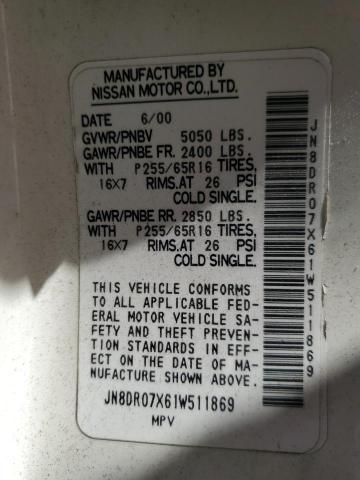 JN8DR07X61W511869 - 2001 NISSAN PATHFINDER LE WHITE photo 12