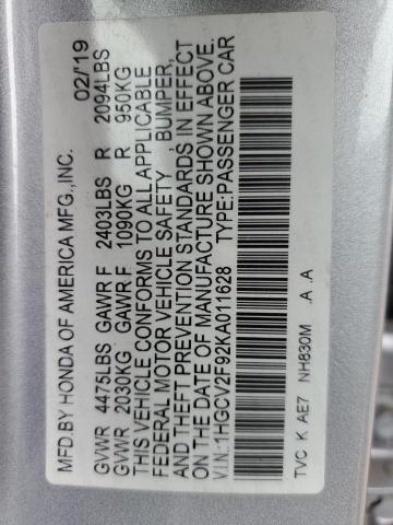 1HGCV2F92KA011628 - 2019 HONDA ACCORD TOURING SILVER photo 13