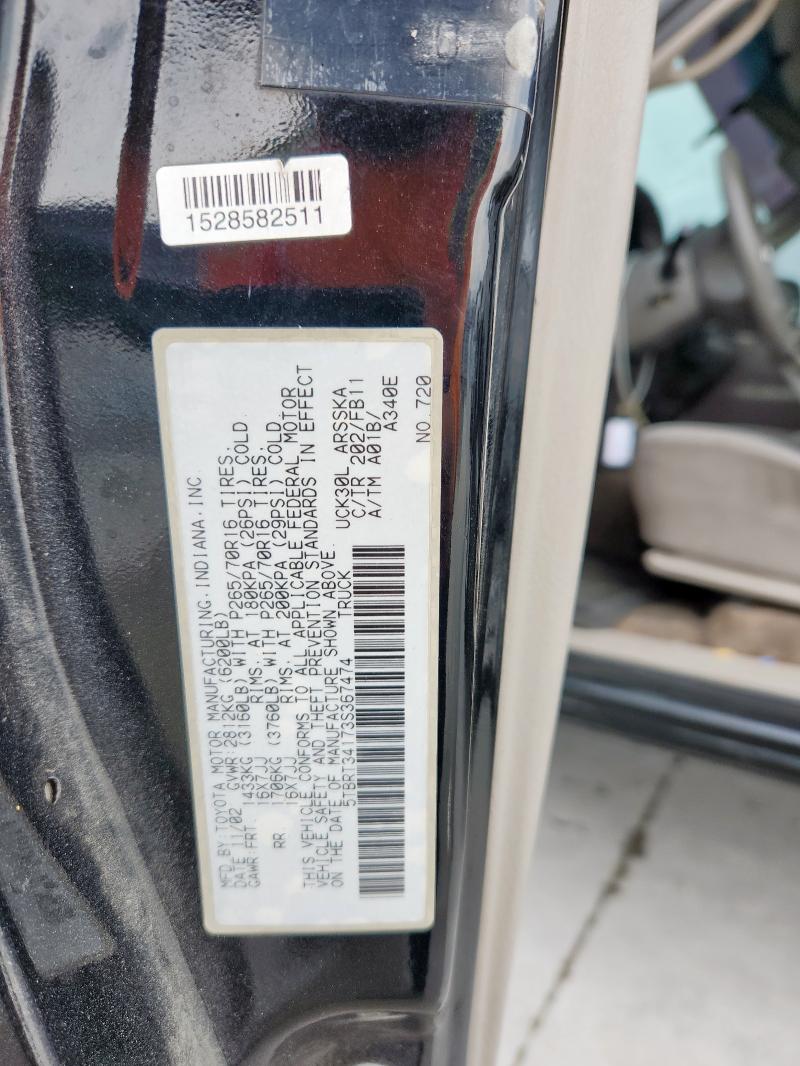 5TBRT34173S367474 - 2003 TOYOTA TUNDRA ACCESS CAB SR5 BLACK photo 12