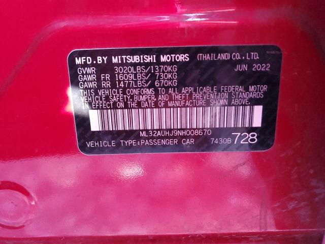 ML32AUHJ9NH008670 - 2022 MITSUBISHI MIRAGE ES RED photo 12