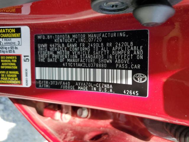 4T1C11AK2LU378880 - 2020 TOYOTA CAMRY LE BURGUNDY photo 13
