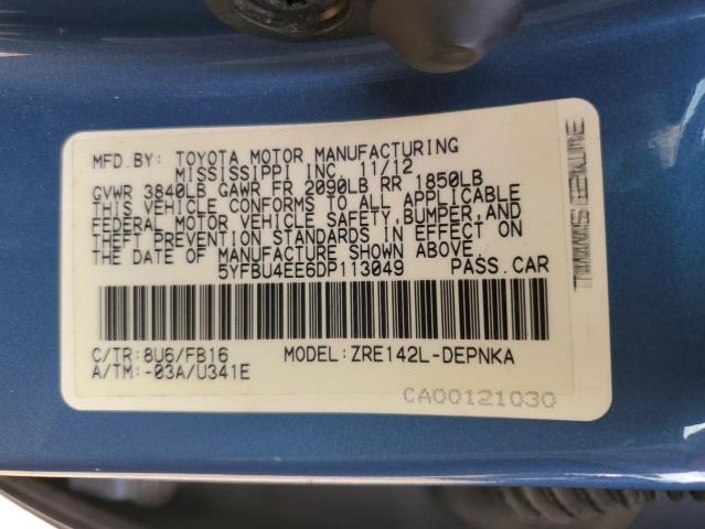 5YFBU4EE6DP113049 - 2013 TOYOTA COROLLA BASE 蓝色 照片 12