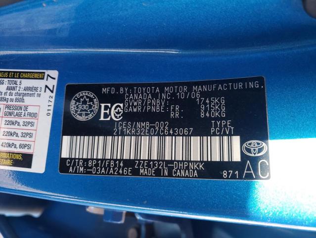 2T1KR32E07C643067 - 2007 TOYOTA COROLLA MA XR BLUE photo 12