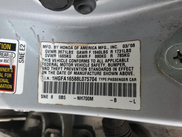 1HGFA16588L075704 - 2008 HONDA CIVIC LX SILVER photo 12