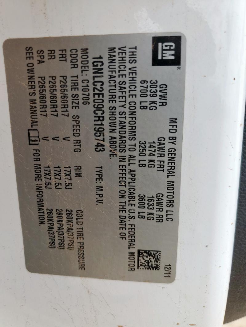 1GNLC2E09CR195743 - 2012 CHEVROLET TAHOE POLICE ორფეროვანი ფოტო 13