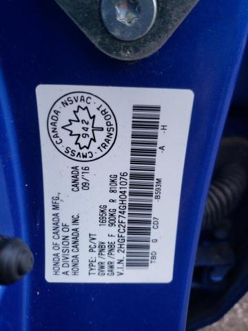 2HGFC2F74GH041076 - 2016 HONDA CIVIC EX BLUE photo 13