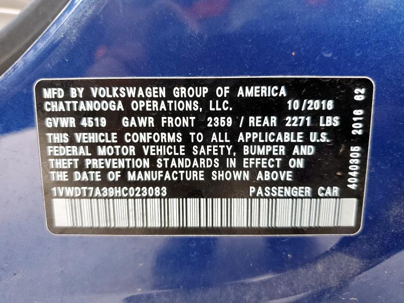 1VWDT7A39HC023083 - 2017 VOLKSWAGEN PASSAT R-LINE Blau Foto 12